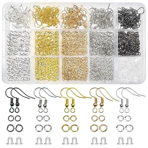 TOAOB 150pcs 5 Colors Earring Hooks Kit Hypoallergenic Ear Wires and 1000pcs Jump Rings 200pcs Earring Backs for Earrings Making Jewelry Making Findings - color: Gold/Silver/Gray/K gold/Platinum