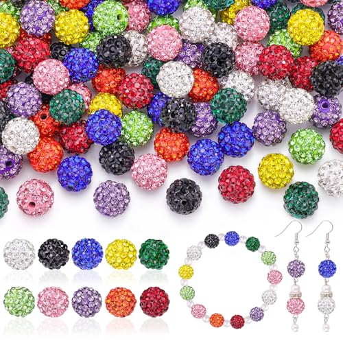 100 pcs 10mm Rhinestone Beads for Jewelry Making, 10 Mixed Colors Shiny Round Disco Ball Beads Bulk, Sparkle Crystal Clay Christmas for Bracelet Baseball Necklace Earring Crafting and DIY - color: Mixed-10 Colors, size: 100 pcs