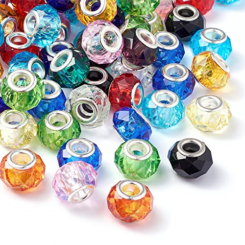 100pcs 14mm Glass European Beads Large Hole Beads Garden Decor Beaded Faceted Spacer Bead Crystal Silver Plated Cores Bracelet Fit Snake Chain Yard Patio Plant Pot Flower Decor - color: Colorful-100pcs