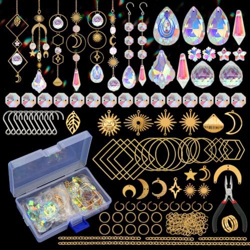 HYBEADS 200 pcs DIY Sun Catchers Making Kits Craft for Adults Crystal Suncatchers Supplies Stained Glass Window Hanging Prism Indoor Outdoor Garden Xmas Decor with Rainbow Maker Pendants Chains - color: GOLD