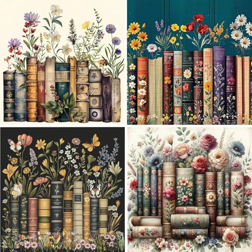 EIBEILI 4 Pack Book Flower Diamond Art Kits for Adults, Book 5D Diamond Painting Kits for Beginner DIY Gem Art Full Drill Diamond Dots Crystal Craft Kits for Home Wall Decor Gifts 12x12inch - color: DP02893