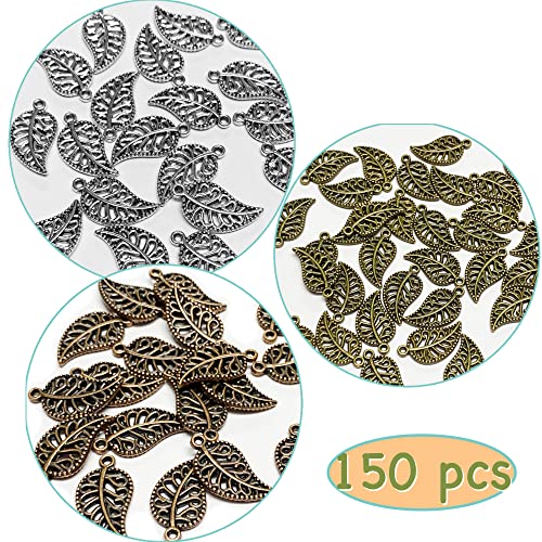 Heather's cf Four Leaf Clover Silver Leaf Beads 100-150 Pcs Leaves Craft Antique Leaf Charms for Crafting Leaf Pendant Charm for Necklace Bracelet Earring Making Fall Leaf Beads Set - color: Mixed Filigree Leaf