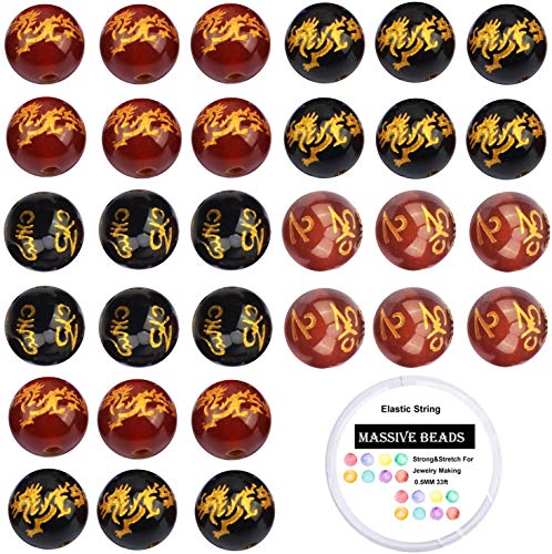100Pcs Natural Crystal Beads Stone Gemstone Round Loose Energy Healing Beads with Free Crystal Stretch Cord for Jewelry Making (Craved Dragon Mantra Red Black Agate, 8MM) - color: Craved Dragon Mantra Red Black Agate, size: 8MM