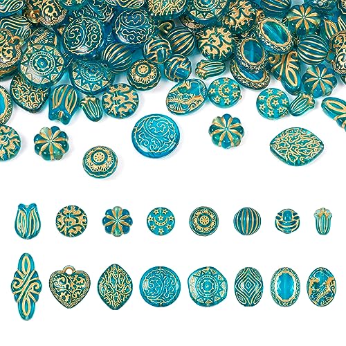 Beadthoven 96pcs Vintage Bohemian Acrylic Beads 16 Style Gold Plating Blue Turquoise Acrylic Spacers Transparent Imitation Czech Beads for Jewelry Making Bracelet Earring Keychain Phone Lanyard - color: Blue