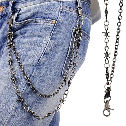 Layered Punk Pants Chain for Men Women, Gothic Hip Hop Jean Chain Wallet Chain Biker Trouser Chain, Goth Emo Fashion Keychain Accessories - color: 2L-Black Barbed