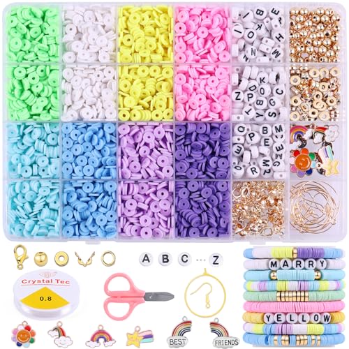 Wuollgess 3500 PCS Pastel Clay Beads for Bracelet Making Kit, Polymer Macaron Heishi Beads for Jewelry, Friendship Bracelet Kit with Spacer Letter for Necklace Earring DIY for Adults - color: Pastel