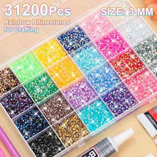B7000 Glue with Rhinestones for Bedazzling Crafting, 31200Pcs Rainbow Crystals 3MM Flat Back Gems with Jewelry Glue Adhesive for DIY Graduation Cap Decorations Phone Case Wedding Shoes - size: 3mm