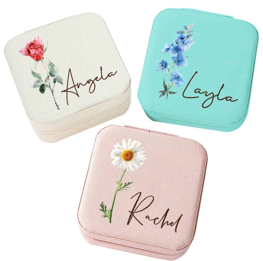 Corissy Personalized Jewelry Box for Women, Custom Travel Jewelry Case with Name and Birth Flower, Leather Jewelry Box for Rings, Earrings, Necklaces, Personalized Gifts for Women - color: Birth Flower+Name 2