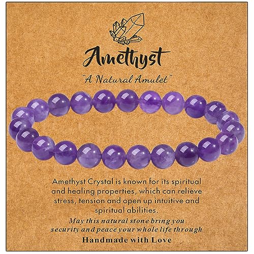 MAIBAOTA Healing Crystal Bracelet for Women Men, 8/4 mm Natural Stone Beaded Bracelets, Jewelry Birthday Gifts, Round Gemstones Stretch Bracelets - color: Purple-Amethyst, size: 8 mm