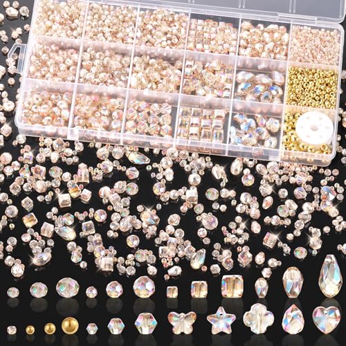 Zefy 2000+ Pcs Crystal Glass Beads for Jewelry Making, 24 Styles 3-15mm Assorted Faceted Craft Bead Kit for DIY Bracelet Necklace Earring Suncatcher (Silver Champagne) - color: Silver Champagne