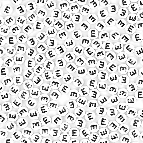 300Pcs Letter Beads E 4X7mm White Alphabet Beads Acrylic Round Shape Loose Beads for Name Bracelets Necklaces Key Chains DIY Jewelry Making (E) - color: Black, size: E
