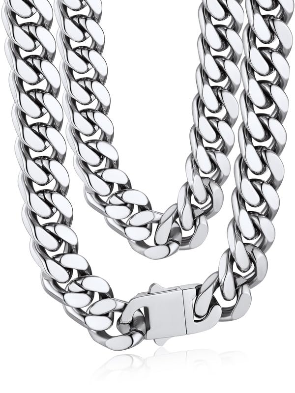 Bandmax Mens Stainless Steel Chain Necklaces 5MM/7MM/9MM/12MM Chunky Miami Cuban Link Chain Necklace Silver/Gold Plated/Black Chains for Men 18"-30" - color: 10 12MM-Silver Tone, size: 22 Inch (56cm, Pop Choice)