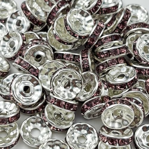 120pcs 6mm Rondelle Spacer Beads Silver Plated Crystal Rhinestone Spacer Loose Beads for Jewelry Making DIY Bracelets Necklace Earring Craft(Light Purple) - color: Light Purple, size: 6mm