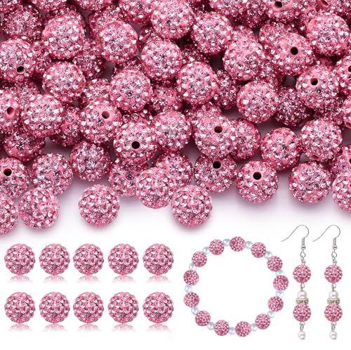 200pcs 10mm Rhinestone Beads for Jewelry Making, Dark Pink Shiny Round Disco Ball Beads Bulk, Sparkle Crystal Clay Christmas for Bracelet Baseball Necklace Earring Crafting and DIY - color: Dark Pink, size: 200 pcs