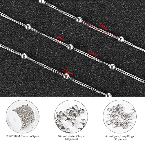 KYUNHOO 32.8 Feet/10M Silver Satellite Bead Chain 304 Stainless Steel Chain for Jewelry Making Women Necklace Chain Bulk DIY Crafts Jewelry Supplies with Lobster Clasps and Jump Rings - color: Bead Silver