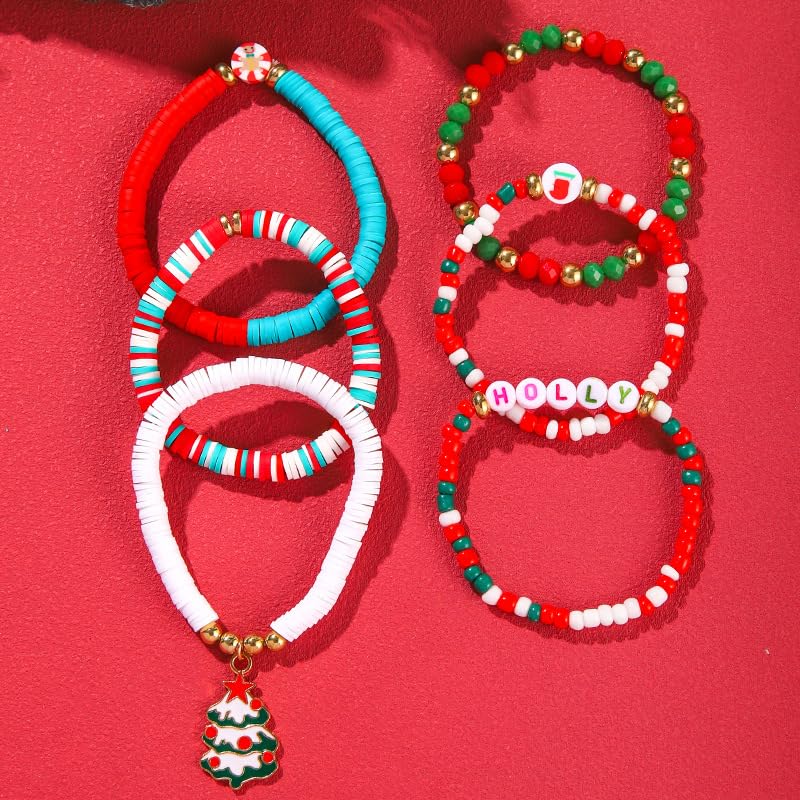 2024 Christmas Rainbow Beads Bracelet Set Colorful Santa Claus Snow Christmas Tree Pendant Bracelet Handmade Polymer Clay Disc Beaded Stackable Stretch Bracelet for Women Xmas Party Jewelry Gift
