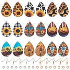 Elecrelive 36pcs Western Style Wood Earring Charms Cowhead Flower Big Teardrop Wood Pendants with Ear Hook & Jump Rings for DIY Jewelry Making - color: Western Style-3