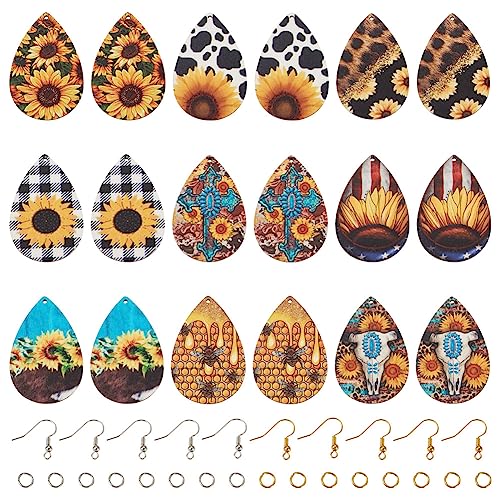 Elecrelive 36pcs Western Style Wood Earring Charms Cowhead Flower Big Teardrop Wood Pendants with Ear Hook & Jump Rings for DIY Jewelry Making - color: Western Style-3