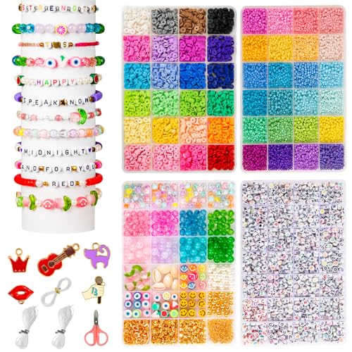 Goldwise Friendship Bracelet Kit - 4 Boxes, 48 Colors Clay & 4mm Seed Beads, Letter Beads, Charms for Jewelry & Bracelet Making for Gifts & Parties - size: 4 BOXES