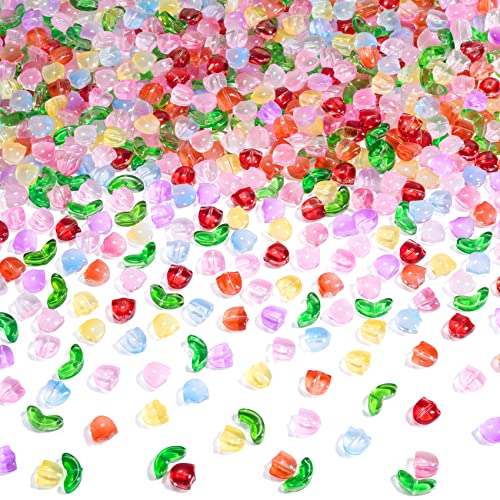 PAGOW 320PCS Tulip Flower Beads Glass Translucent Bracelet Beads Colorful Handcrafted Crystal Loose Glass Beads for Spring Summer DIY Jewelry Making Gifts - color: Tulip-320pcs Bright Colors