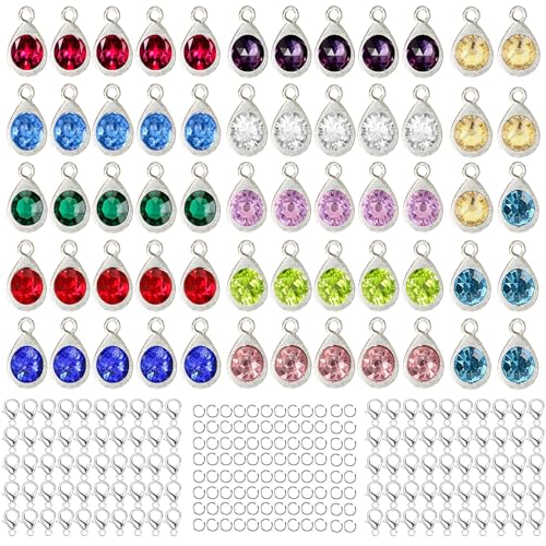 BetterJonny 260pcs Charms for Jewelry Making, 60pcs Gold Crystal Birthstone Charms Beads with 100 Lobster Clasps and 100 Jump Ring for Necklace Bracelet Earring - color: Silver Droplet