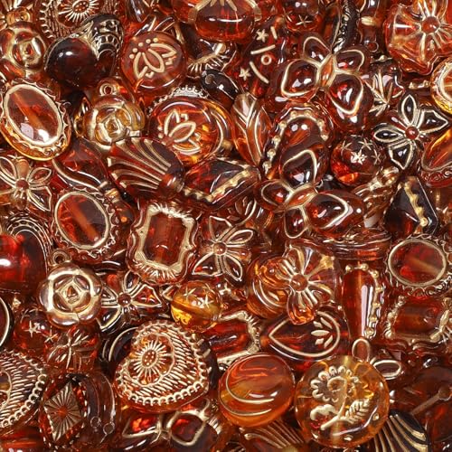 7.5 OZ Assorted Vintage Acrylic Beads for Jewelry Making, Song Xi Unique Flower Rose Czech Beads for Bracelet Earrings, Bohemia Style, Bulk, Arts and Crafts, DIY Holiday Gift (240-260 PCS, Amber) - color: Amber