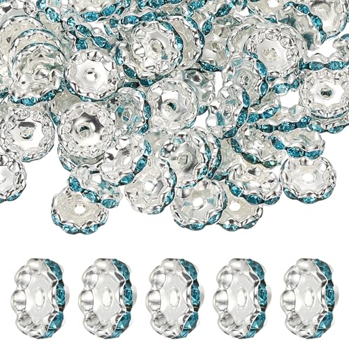 PATIKIL 12mm Wavy Rhinestone Spacer Beads, 100Pack Loose Jewelry Making Spacers Beadable Rondelle Diamond Beads DIY Bracelets Pen Silver Plated for Craft Supplies Decor, Lake Blue - color: Lake Blue