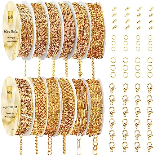 Ecoofor Gold Necklace Chains for Jewelry Making, 95.1 Feet 12 Rolls Jewelry Chains for DIY Necklace Bracelet Jewelry Making with Jump Rings/Lobster Clasps/Connectors - color: Gold, size: 12 Rolls