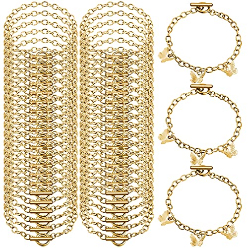Hicarer 45 Pieces Bracelet Chains with OT Toggle Clasp Stainless Steel Bracelet Link Chains DIY Jewelry Making Supplies for Women Jewelry Crafts(Gold) - color: Gold