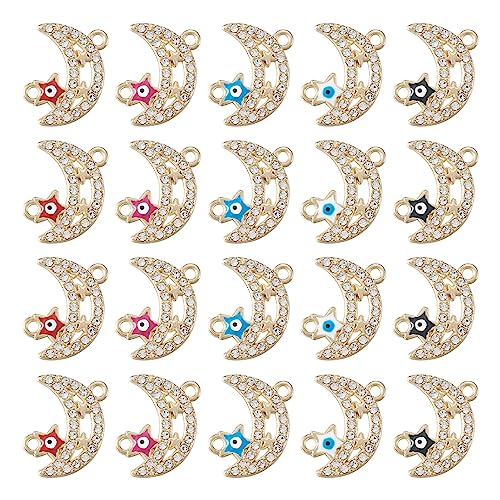 Cheriswelry Rhinestone Enamel Connectors Charm Links Evil Eye Alloy Metal Pendants Antique Silver Flat Round Hamsa Hand Owl Feather Heart Charm Pendant for Bracelet Necklace Jewelry Making - color: Mixed Color-Moon & Star