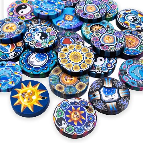 24 PCS Assorted Polymer Clay Disc Pendants for Jewelry Making Adults, Colorful Bead Kit for DIY Bracelet and Necklace, Bulk Craft Supplies
