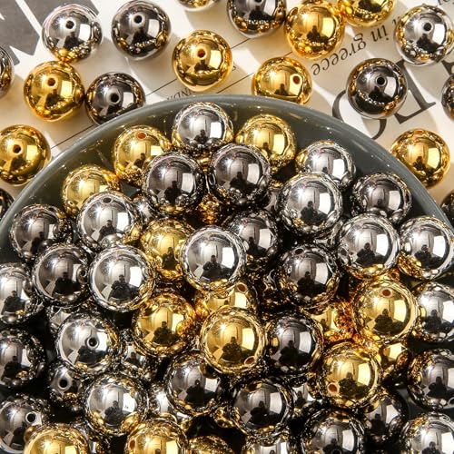 20mm Acrylic Beads 100pcs Imitation Marble Bead Vintage Colors Pen Beads for Jewelry Making Bracelet Necklace Craft Making Supplies(Golden&Silver) - color: Golden&silver