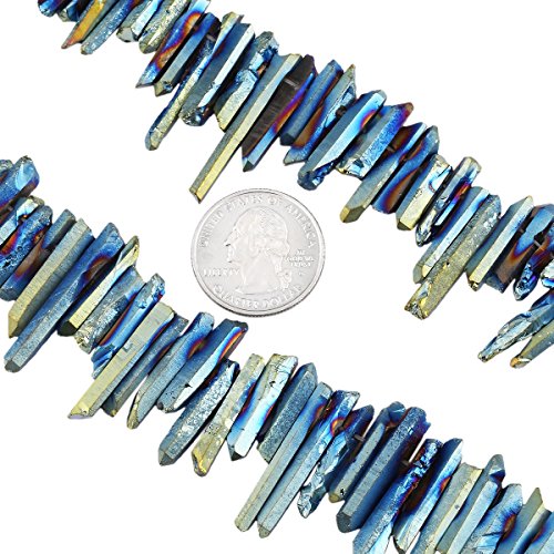 SUNYIK Blue/Gold Titanium Coated Crystal Points Quartz Rough Sticks Spikes Point Beads 15 inch Strand Drilled - color: Blue/Gold(Rough), size: 0.4"-1.3"