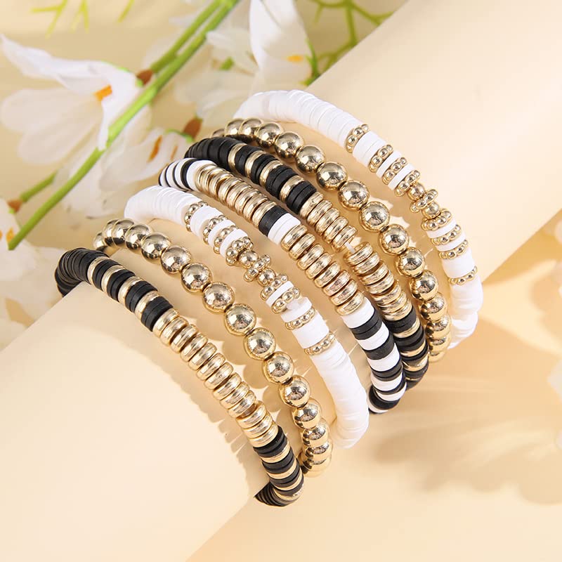 Pingyongchang Heishi Gold Beaded Bracelets Set for Women Men Bohemian Polymer Clay Colorful Surfer Vinyl Disc Stretch Layering Stackable Friendship Boho Bracelet Summer Beach Jewelry Gifts - color: Black