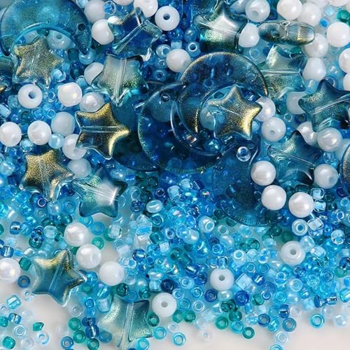 Mixed Star Moon Crystal Glass Beads Seedbeads Loose Round Pearl Beads for Jewelry Making Craft Bracelets Necklaces Earrings DIY Crafts Projects Sky Blue Glass Spacer Bead Kits for Crafts - color: Sky Blue