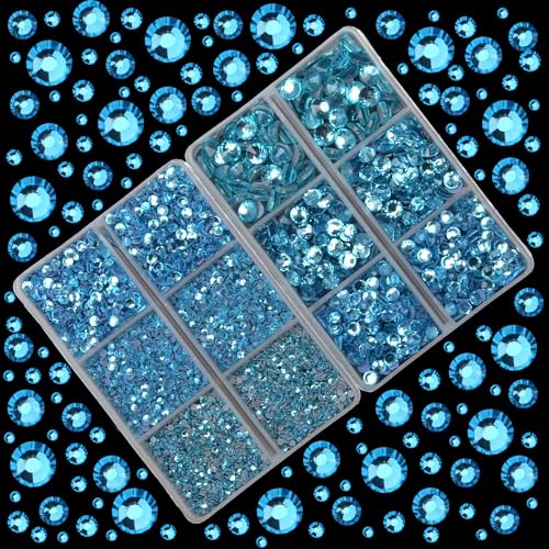 10000Pcs 2-Boxes Mixed Size Hot Fix Round Crystals Gems Glass Stones Hotfix Flat Back Rhinestones with Tweezers and Picking Pencil (Aquamarine) - color: Aquamarine, size: 2-Box (10000pcs)