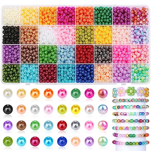 Pearl Beads for Jewelry Making, 32 Colors Round Pearls with Holes, 2000 Pcs 6MM Handcrafted Colorful Loose Spacer Beads for DIY Craft Bracelet Necklace Earrings - size: 6mm Pearl Beads