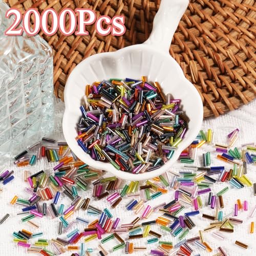 2000Pcs Tube Seed Beads 2x7mm Mini Long Glass Bugle Bead Small Craft Loose Spacer Beads for DIY Phone Charms Waist Bead Bracelets Earrings Necklaces (Mixed Color) - color: Mixed Color