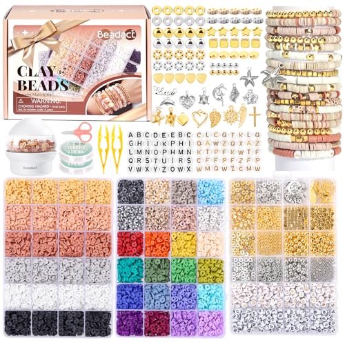 Beadact Clay Beads Spinner for Bracelet Making Kit, 3 Boxes Earth-Toned Colors Beads with Bead Spinner, Friendship Bracelet Making Kit for DIY Crafts with Spacer Bead and Charm, Gift for Craft Lovers