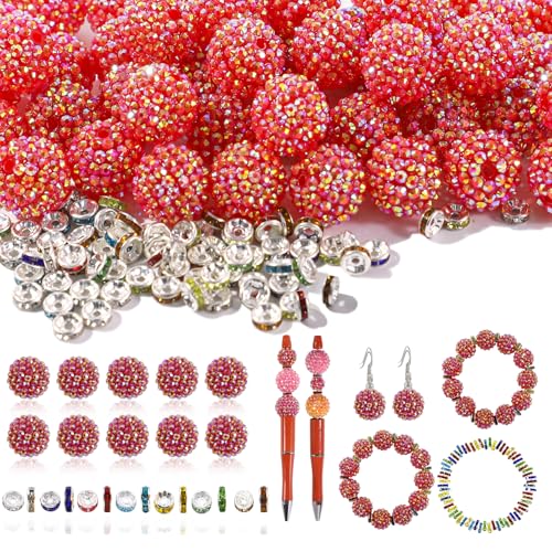 20mm Beads for Pens - 20 Pcs Rhinestone Beads and 220 Pcs Spacer Bead for Beadable Pens - Glitter Acrylic Bubblegum Round Bling Focal Bead for Bracelets - Beaded Pen Supplies (Red) - color: Red, size: 20mm