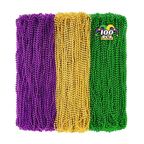 Huskein 100 PCS Mardi Gras Beads, 33" Mardi Gras Beads Necklaces Bulk, Round Purple Gold Green Beads Bulk, Parade Accessories Set Carnival Mardi Gras Party Supplies Favors Decorations - color: PurpleGoldGreen