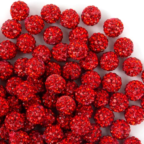 10mm Clay Rhinestone Beads for Bracelets, 100 Pcs Sparkle Crystal Beads for Jewelry Making, Glitter Round Shamballa Disco Ball Design for DIY Crafts Necklace Earrings Decoration (Red) - color: Red