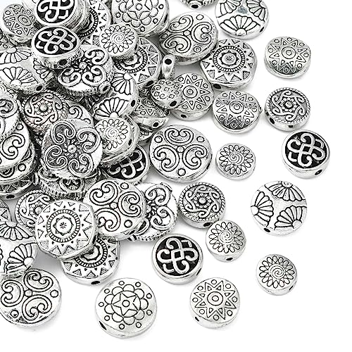 DanLingJewelry 100Pcs 10 Styles Antique Silver Flat Round Beads with Flower & Star Pattern Tibetan Round Beads for DIY Jewelry Craft Making - color: 100pcs - round - 10 styles