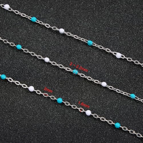 UMAOKANG 33 Feet Stainless Steel Chains for Jewelry Making Light Bule White Enamel Bead Necklace Bracelet DIY Chain Roll - color: Light Blue White-Silver