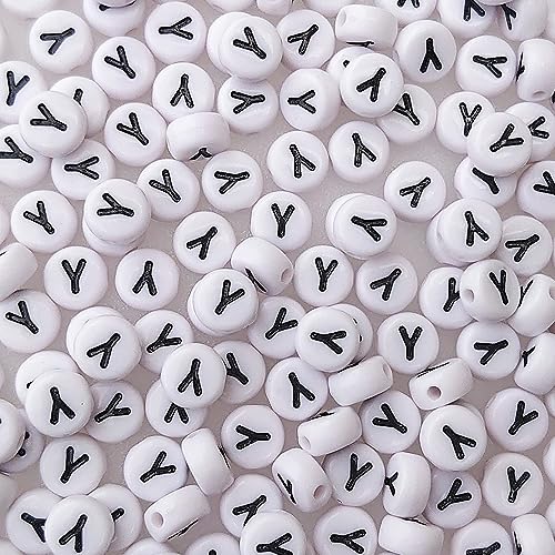 200+ Pieces 4x7mm Single Y Letter Beads for Jewelry Making, White Round Acrylic Bulk Alphabet (Black on White) - size: Single letter Y 200+ Pcs