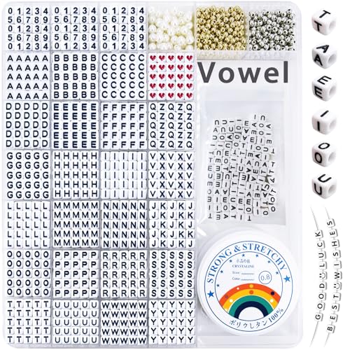 MIIIM 1650 Pcs Pony Beads Letters for Bracelets Making, Vowel-Rich Alphabet Kit with Minimized Rare Characters, 6x7mm Large Hole Square Letter Beads, Numbers (White and Black) - color: Square White and Black