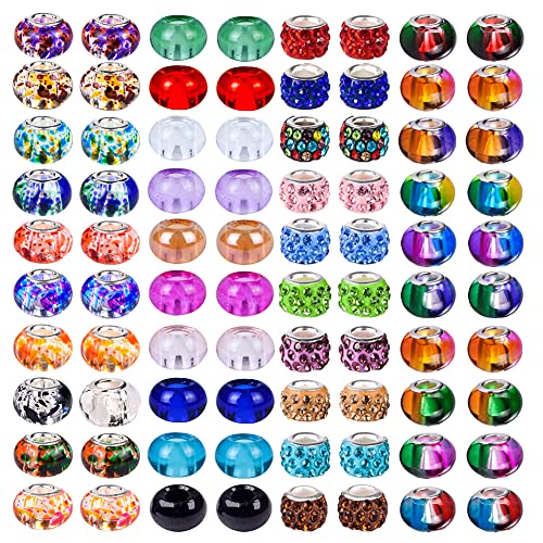 100 PCS Assorted European Beads with Copper Core Big Hole Glass Spacer No Copper Core Lampwork Colorful Beads Rhinestone Craft Beads for DIY Charm Bracelet Jewelry Making (Transparent Bicolor) - color: Transparent Bicolor