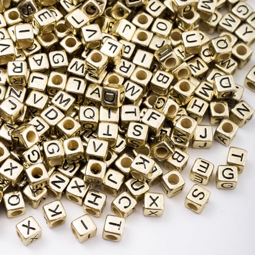 ToBeIT 1000Pcs Letter Beads Gold Letter Bead Acrylic Alphabet "A-Z" Cube Beads for Jewelry Making, Bracelets, Necklaces - color: gold - other