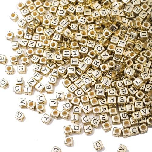 ToBeIT 1000Pcs Letter Beads Gold Letter Bead Acrylic Alphabet "A-Z" Cube Beads for Jewelry Making, Bracelets, Necklaces - color: gold - other