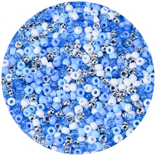 1000PCS Ocean Pony Beads Bulk – 6x9mm White, Silver Blue Glitter Kandi Beads for Bracelets, Jewelry, Hair Braids, Holiday Crafts & DIY Decorations - color: Ocean Edition